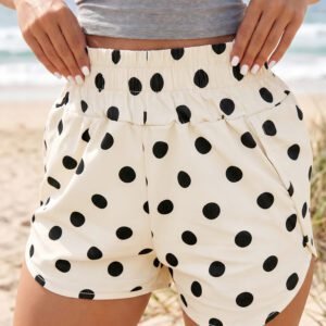 Apricot Polka Dot Print Shirred High Waist Casual Shorts