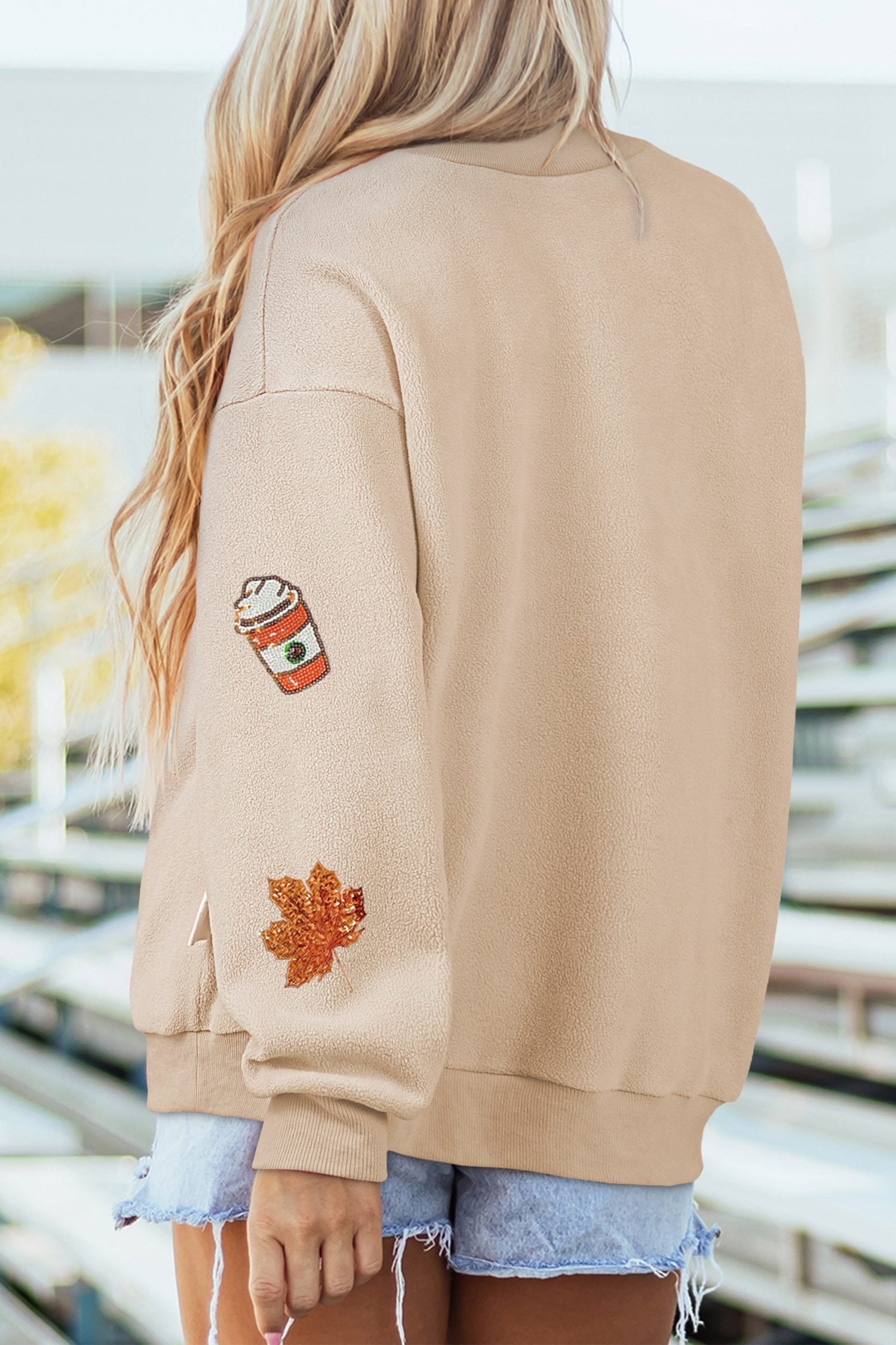 Apricot Sequin Leaf Fall Drinks Patch Graphic Mock Neck Sweatshirt