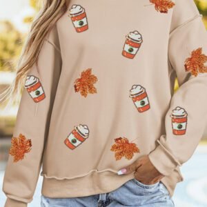 Apricot Sequin Leaf Fall Drinks Patch Graphic Mock Neck Sweatshirt