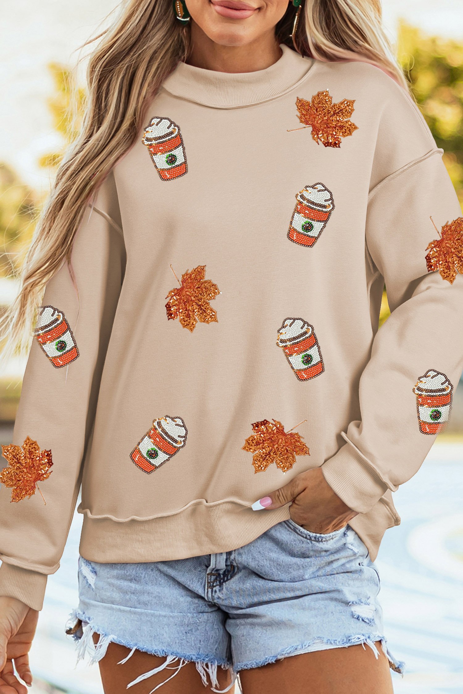 Apricot Sequin Leaf Fall Drinks Patch Graphic Mock Neck Sweatshirt