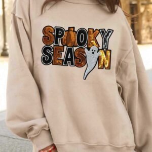 Apricot Sequin Spooky Season Graphic Mock Neck Halloween Sweatshirt