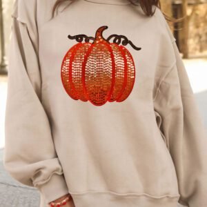 Apricot Sequined Pumpkin Graphic High Neck Baggy Sweatshirt