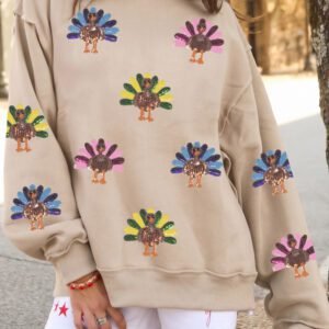Apricot Sequined Turkey Exposed Seam Thanksgiving Graphic Sweatshirt