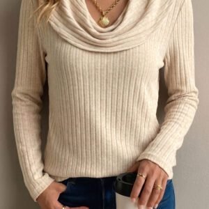 Apricot Solid Color Ribbed Knit Cowl Neck Long Sleeve Top