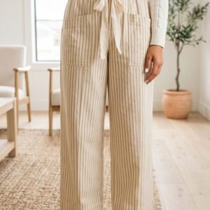 Apricot Stripe Ribbon Drawstring Waist Full-Length Shift Pant