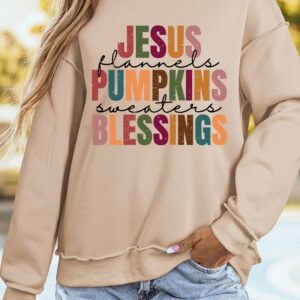 Apricot Thanksgiving Slogan Graphic Exposed Seam Mock Neck Sweatshirt