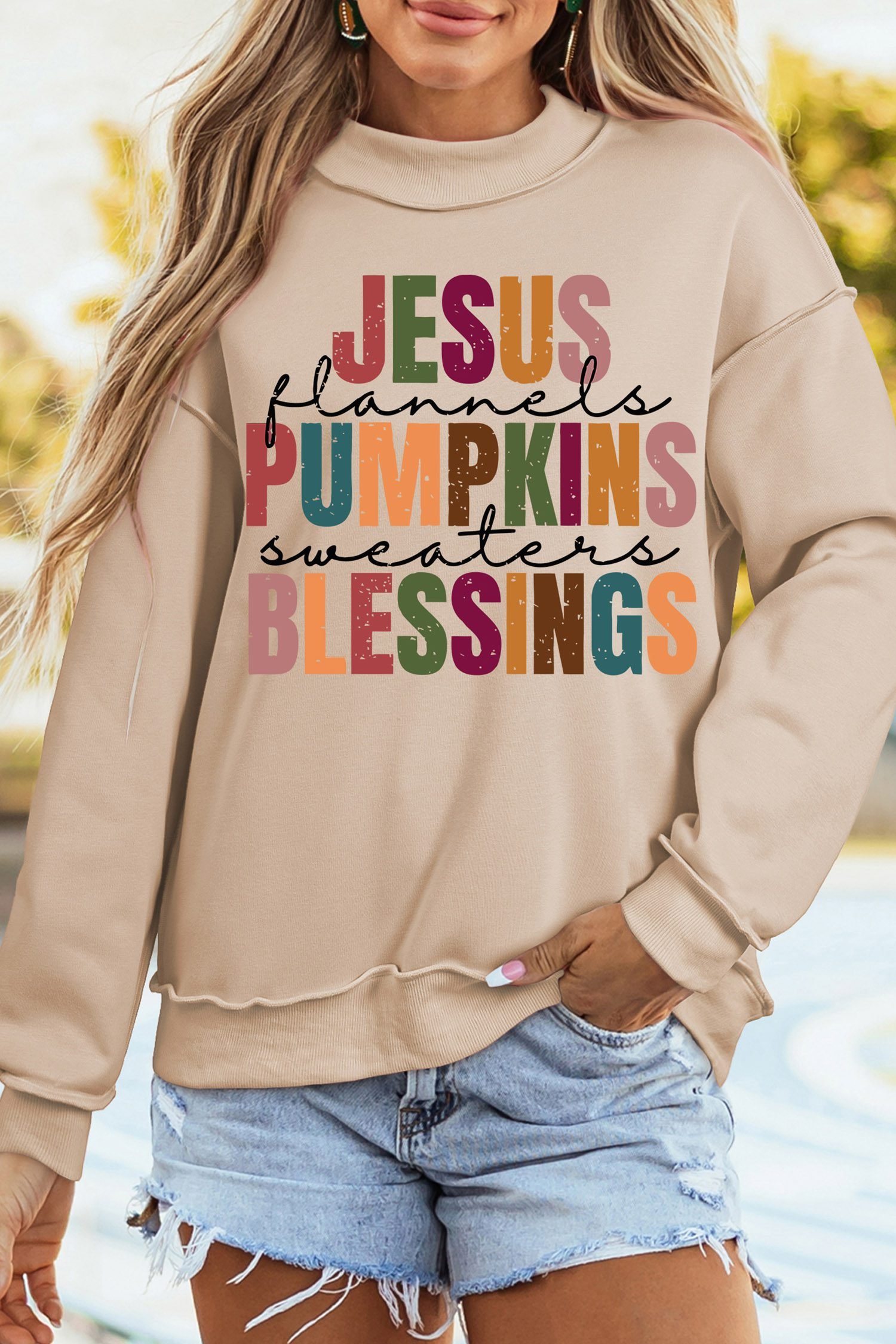 Apricot Thanksgiving Slogan Graphic Exposed Seam Mock Neck Sweatshirt