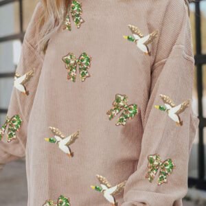 Apricot Twisted Rib Sequin Patched Mallard Bow Pattern Oversized Sweatshirt