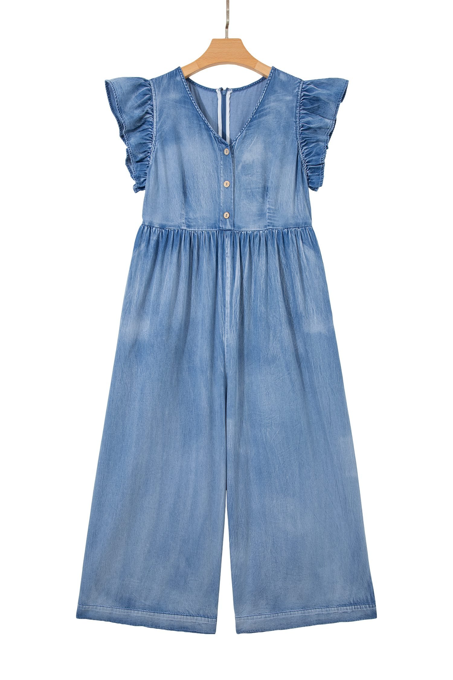 Ashleigh Blue Ruffled Short Sleeve Button V Neck Wide Leg Denim Jumpsuit