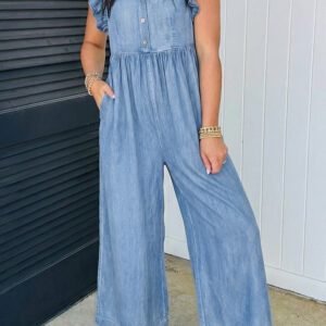 Ashleigh Blue Ruffled Short Sleeve Button V Neck Wide Leg Denim Jumpsuit