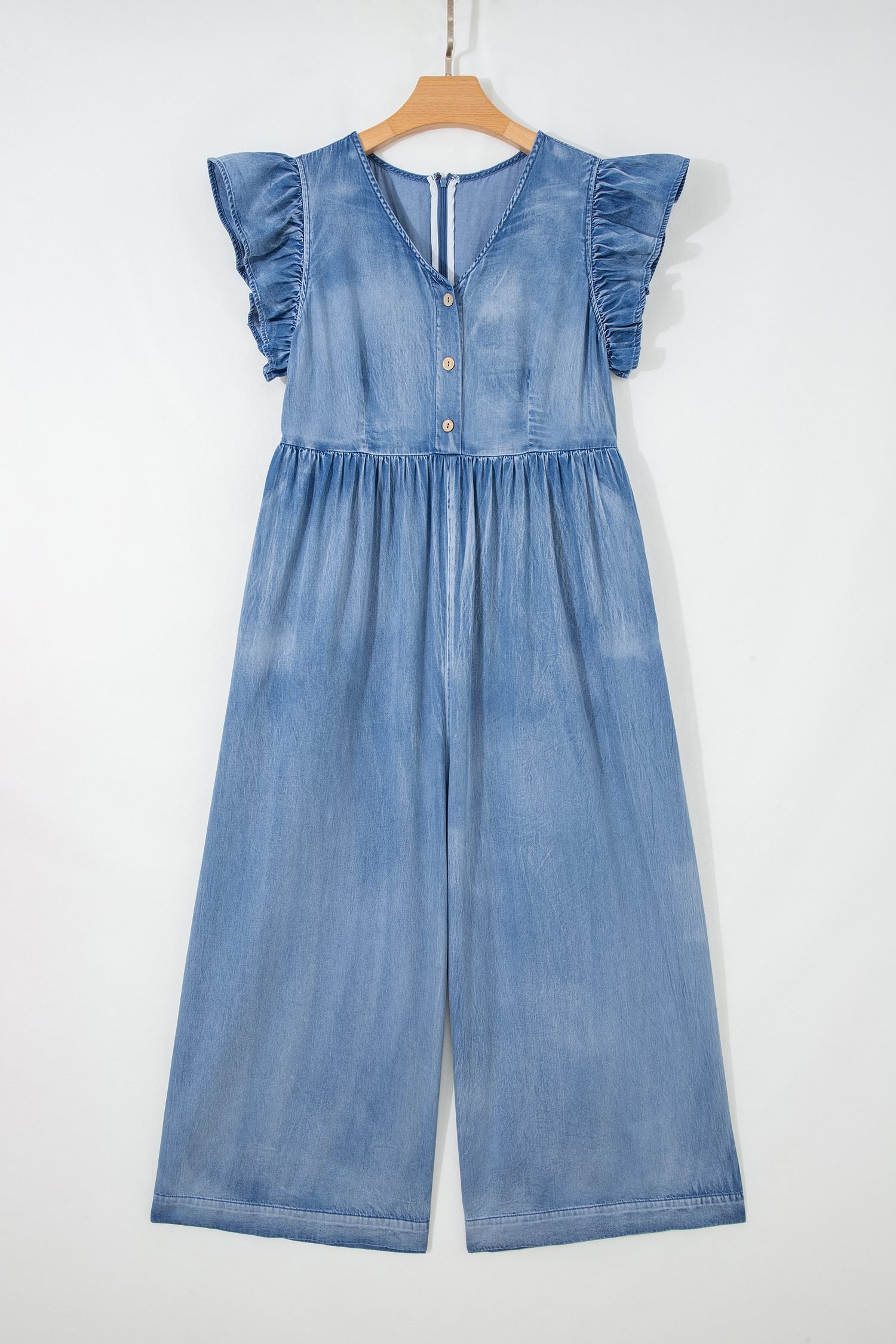 Ashleigh Blue Ruffled Short Sleeve Button V Neck Wide Leg Denim Jumpsuit