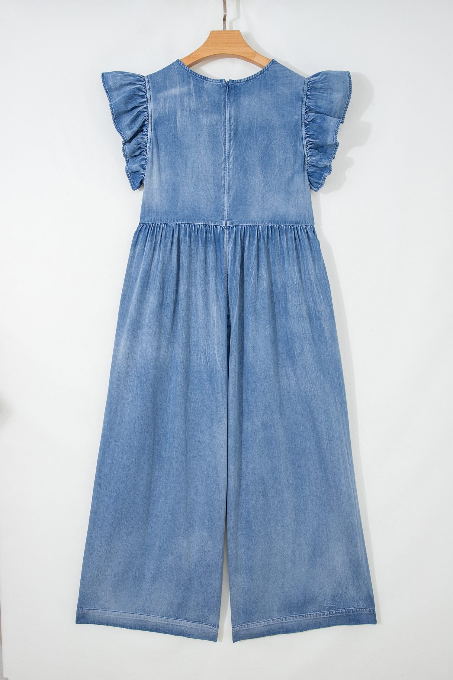 Ashleigh Blue Ruffled Short Sleeve Button V Neck Wide Leg Denim Jumpsuit