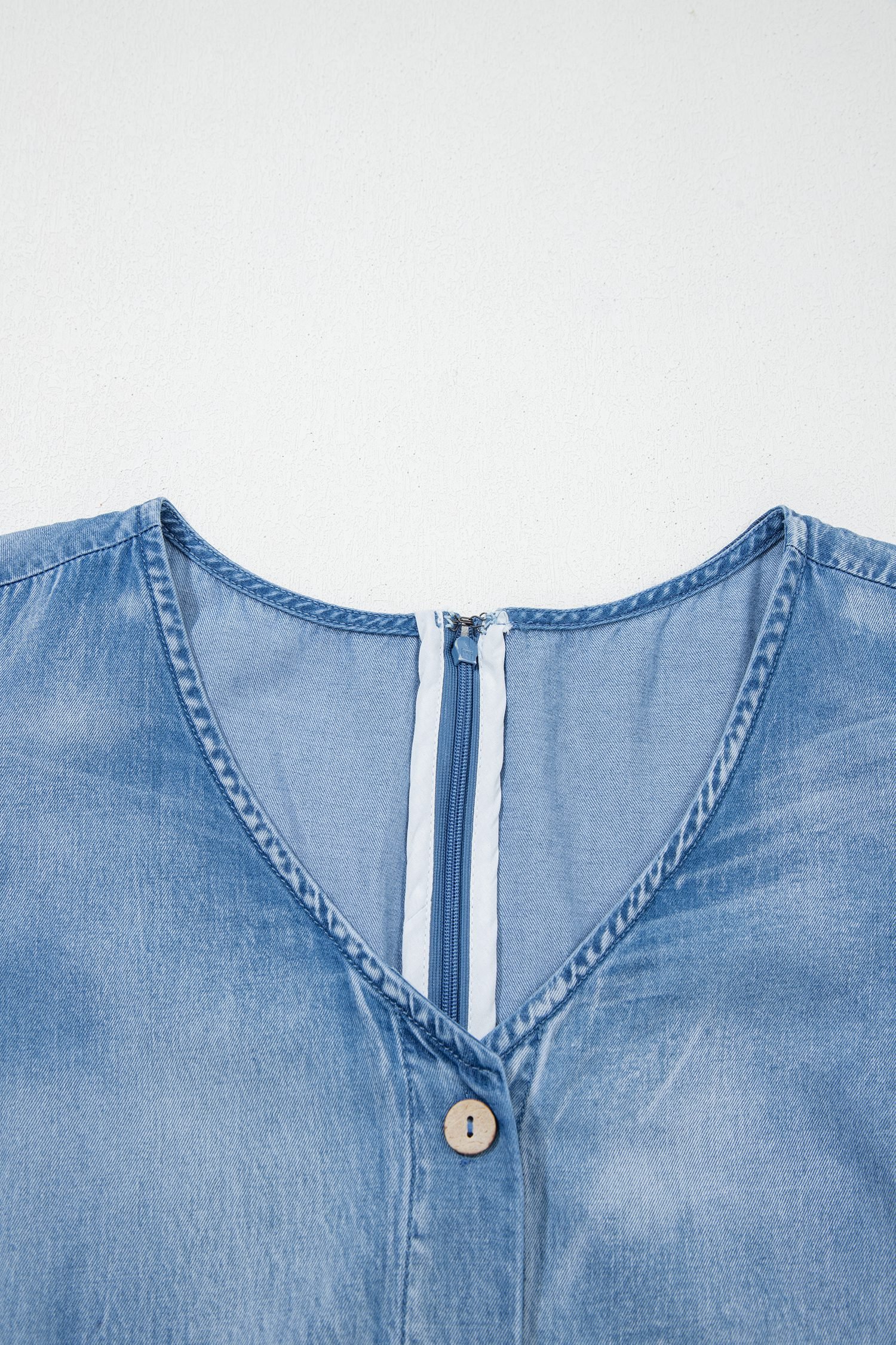 Ashleigh Blue Ruffled Short Sleeve Button V Neck Wide Leg Denim Jumpsuit