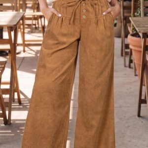 Thai Curry Elastic Waist Wooden Button Placket Ankle Length Wide Leg Pants