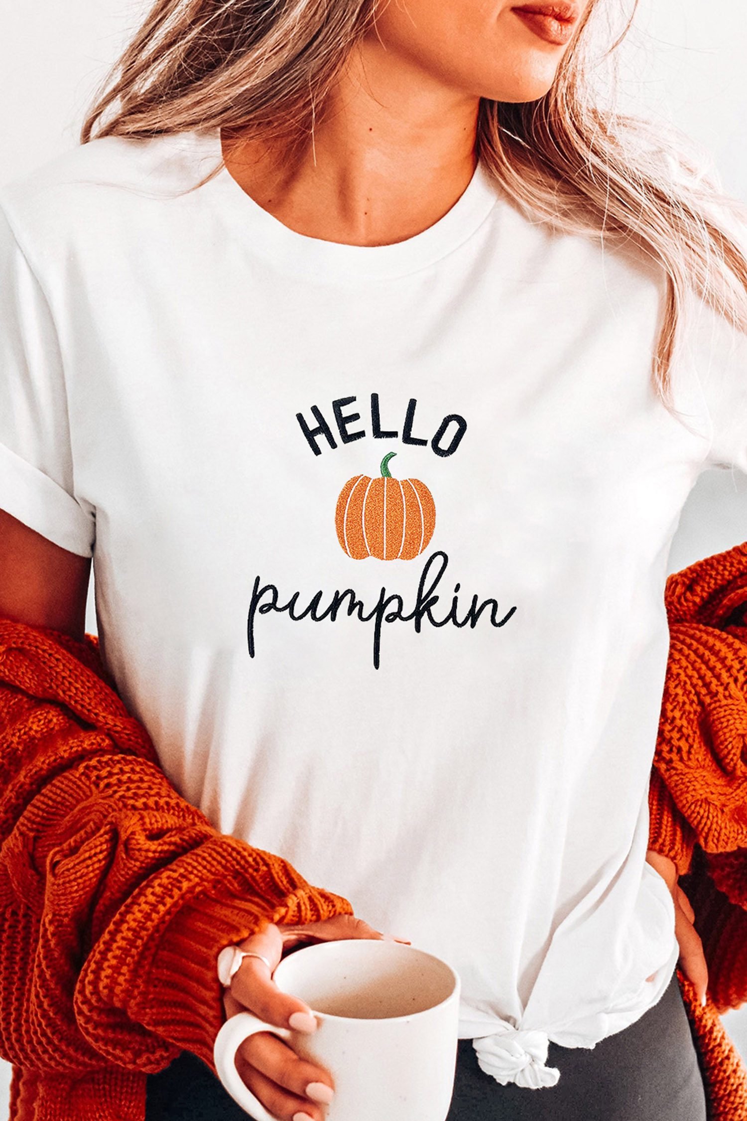 White Embroidered Pumpkin Slogan Short Sleeve T-Shirt - Image 4