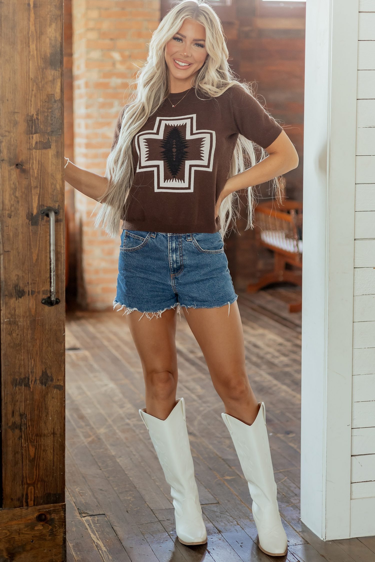 Brown Western Print Short Sleeve Knit Casual Sweater - Image 7