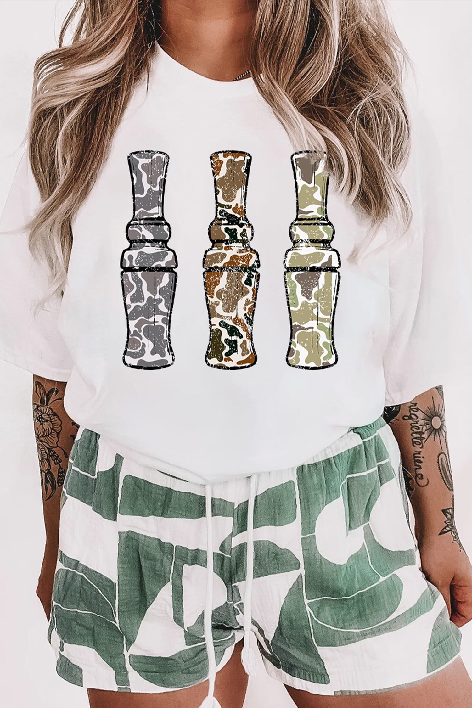 White Stylish Camo Graphic Round Neck Casual T Shirt - Image 2