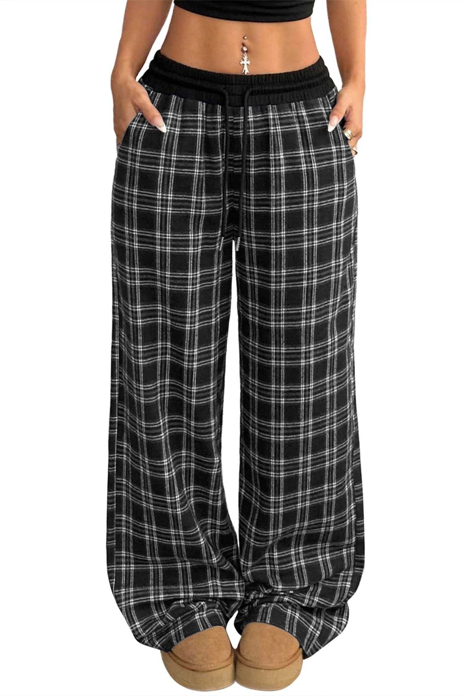 Black Frenchy Plaid Pattern Contrast Drawstring Waist Wide Leg Pants - Image 14
