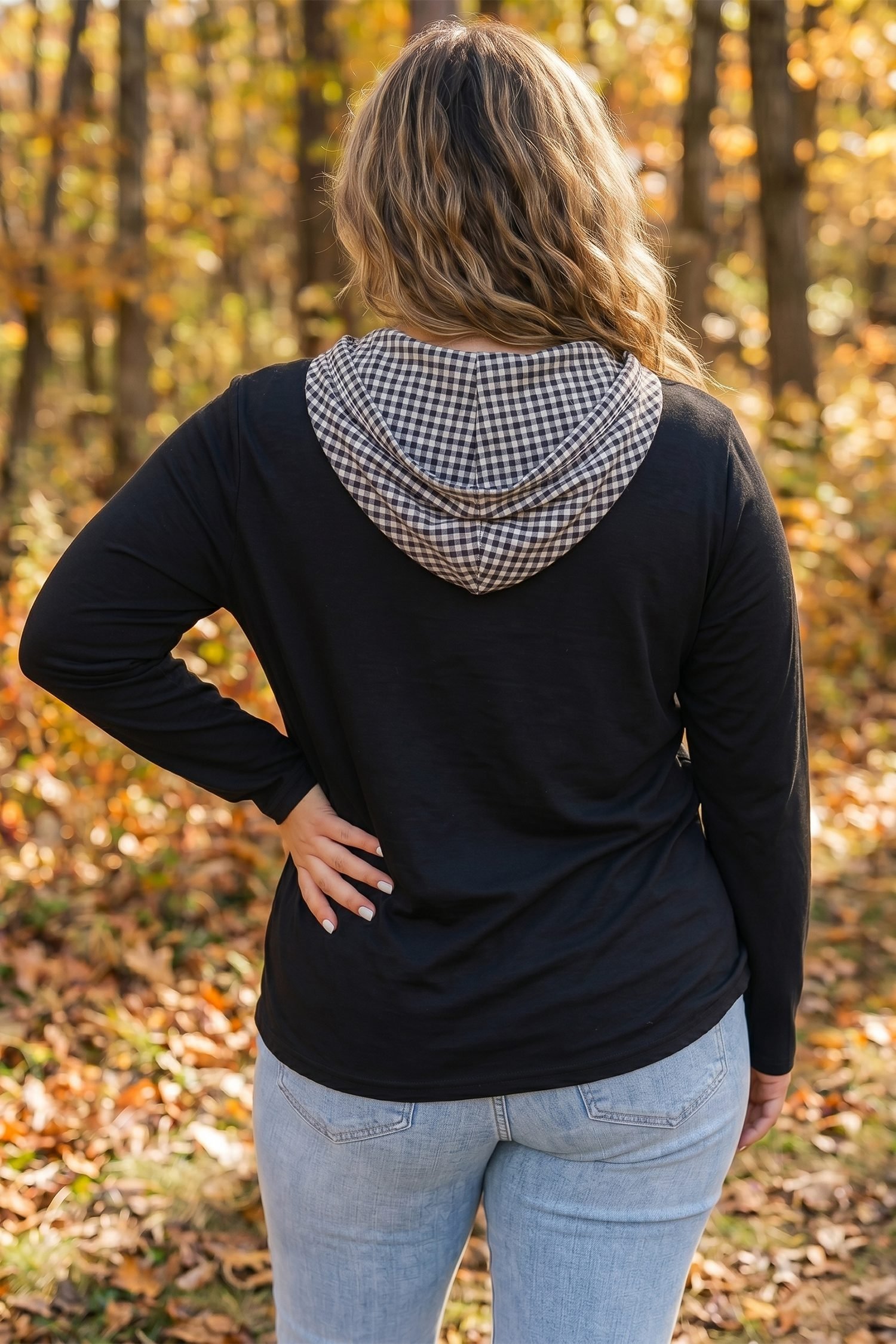 Black Hooded Gingham Paneling Chest Patch Pocket Long Sleeve Plus Size Blouse - Image 2