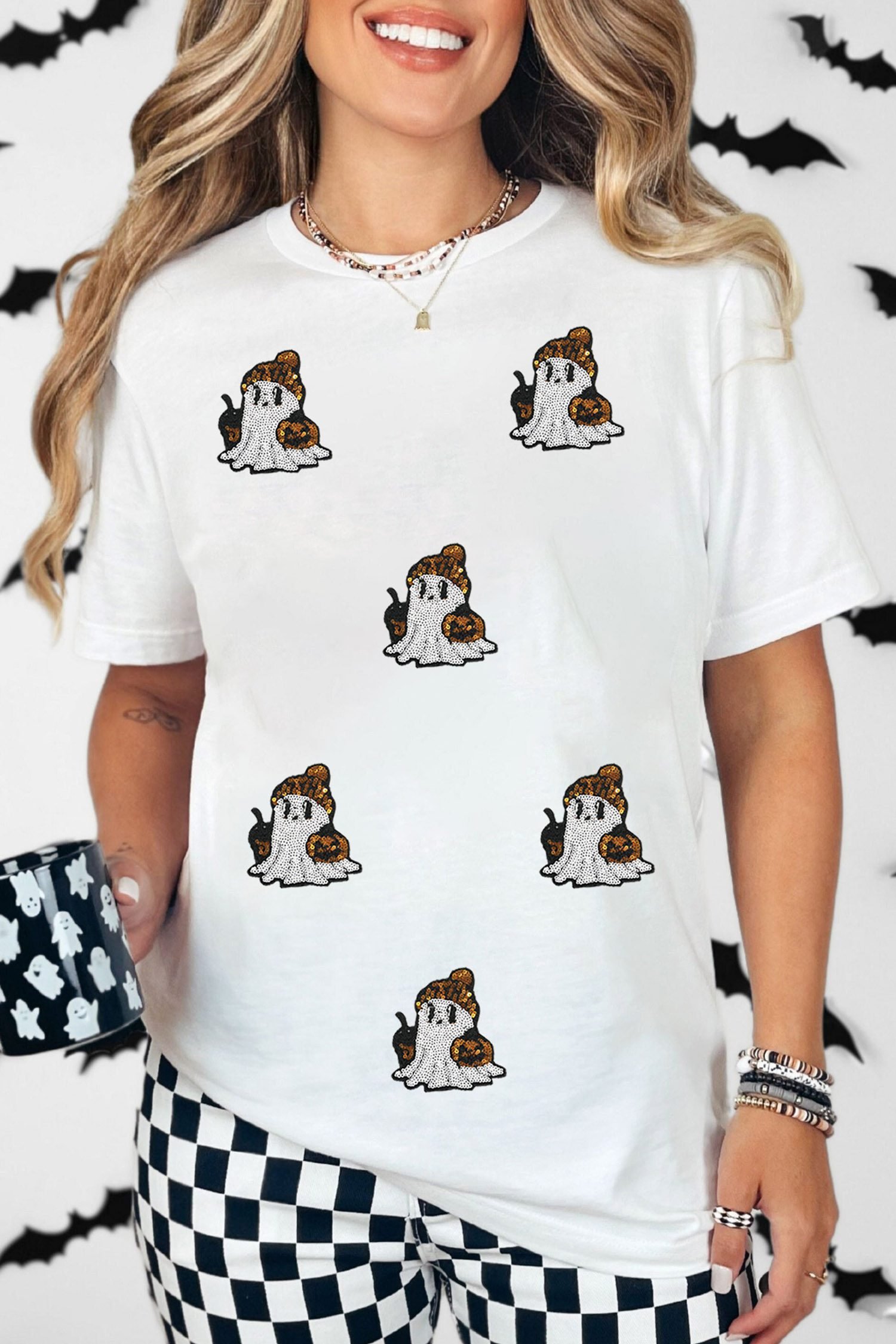 White Sequin Ghost Print Short Sleeve Casual Halloween Graphic T-Shirt - Image 4