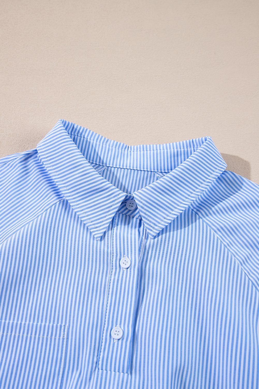 Sky Blue Stripe Pinstripe Long Sleeve Smocked Cuffs Button Shirt Collar Blouse - Image 15