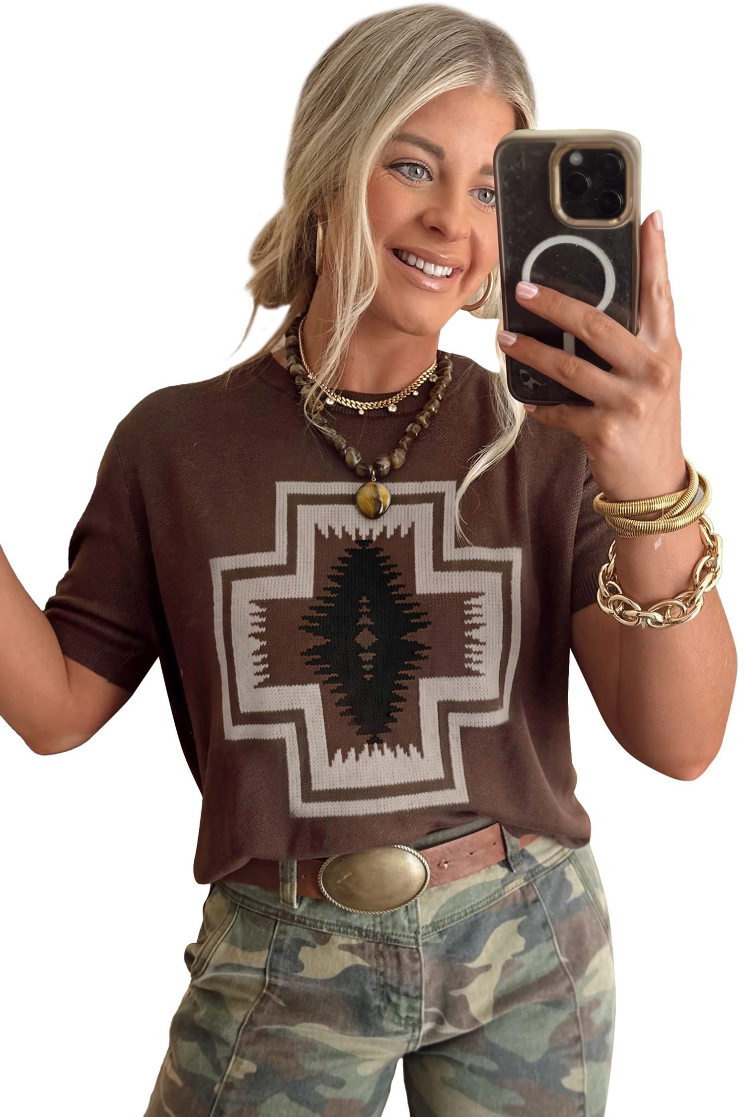 Brown Western Print Short Sleeve Knit Casual Sweater - Image 21