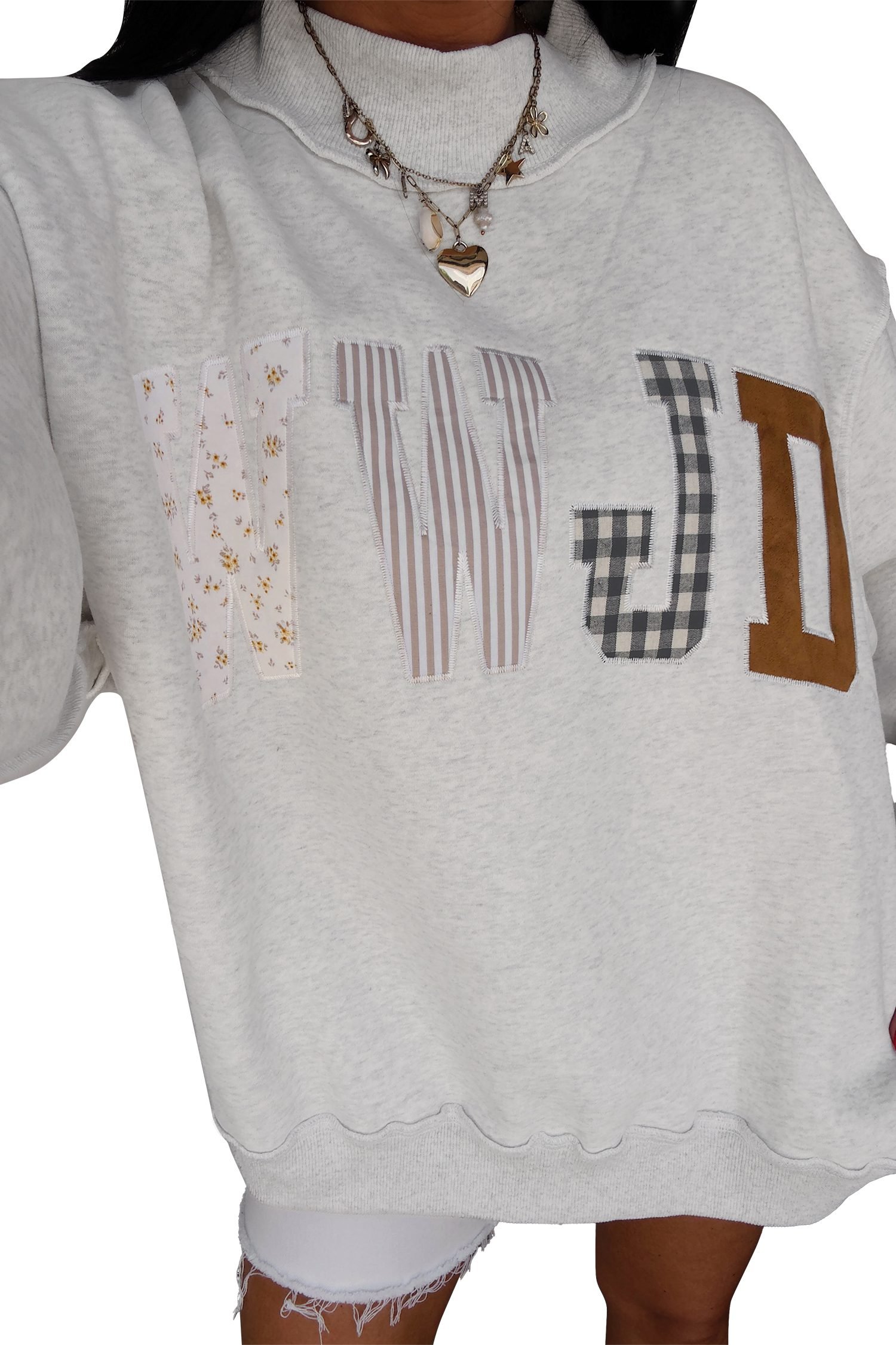 Gray WWJD Mixed Pattern Embroidered Patch Graphic Mock Neck Sweatshirt - Image 4