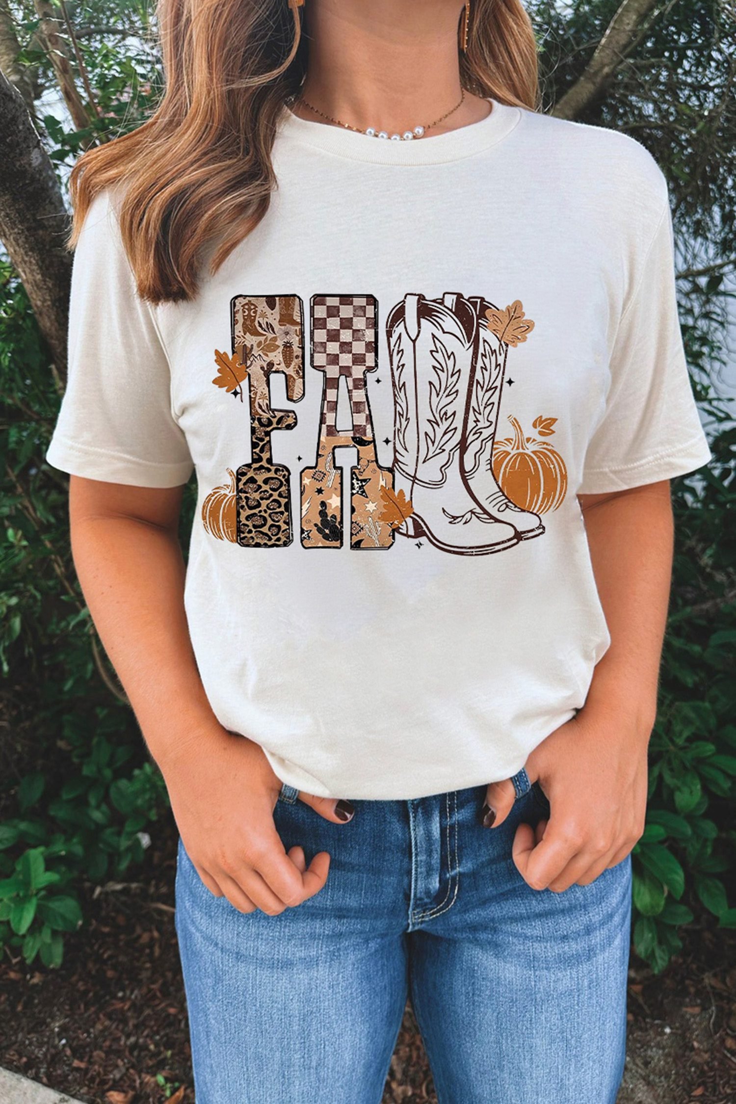 White FALL Letter Print Western Thanksgiving Graphic T-Shirt - Image 4