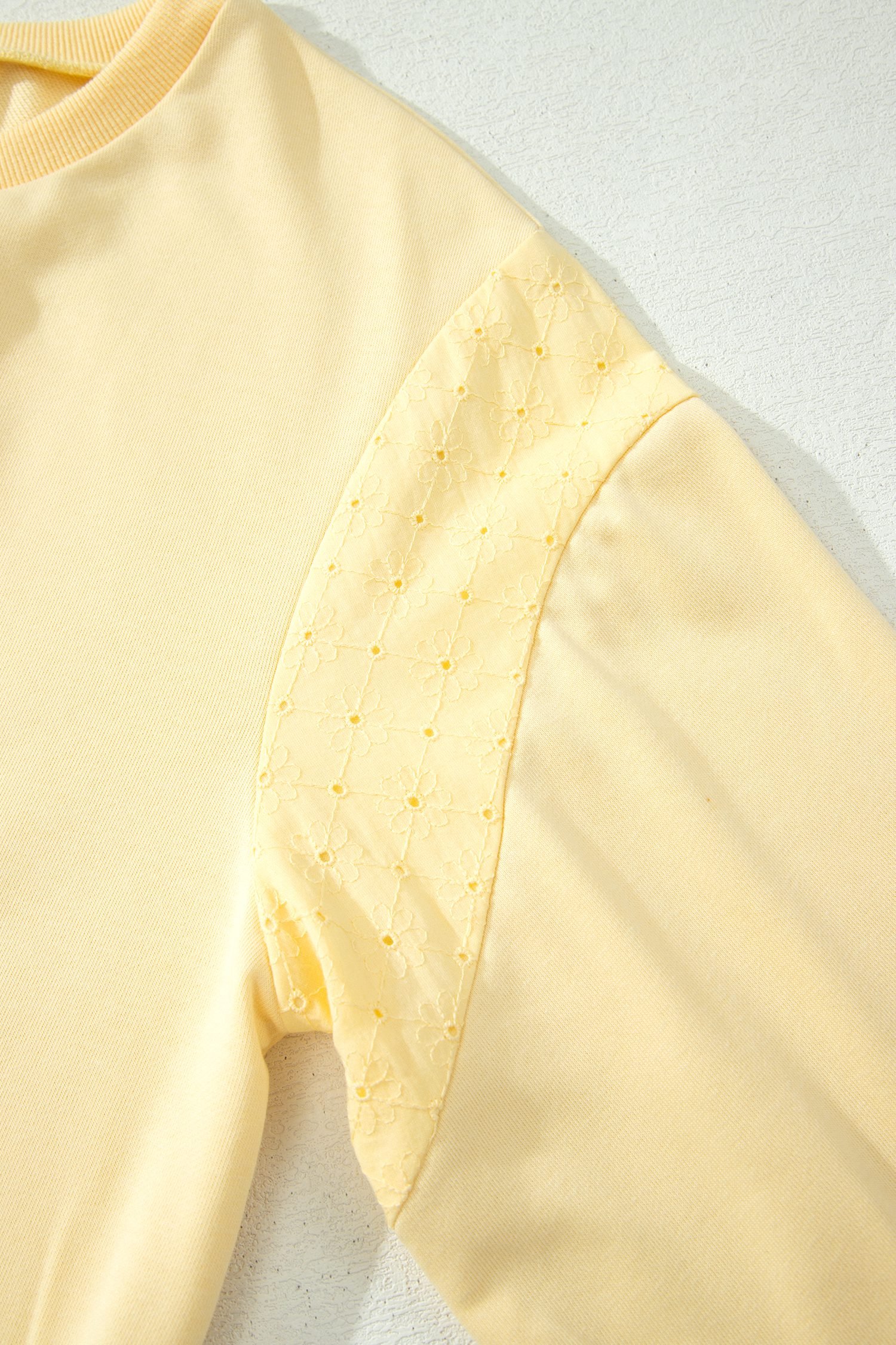 Yellow Cream Eyelet Embroidered Lace Patchwork Cropped Pullover Drawstring Pants Set - Image 12