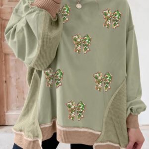Smoke Green Sequin Bow Patchwork Waffle Colorblock Loose Sweatshirt