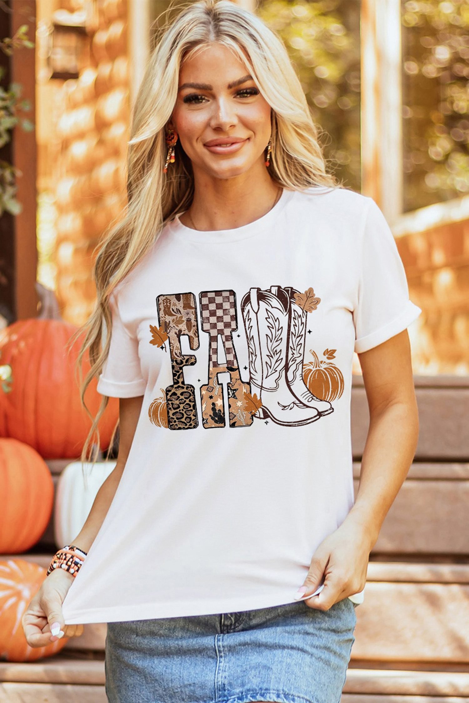 White FALL Letter Print Western Thanksgiving Graphic T-Shirt - Image 6