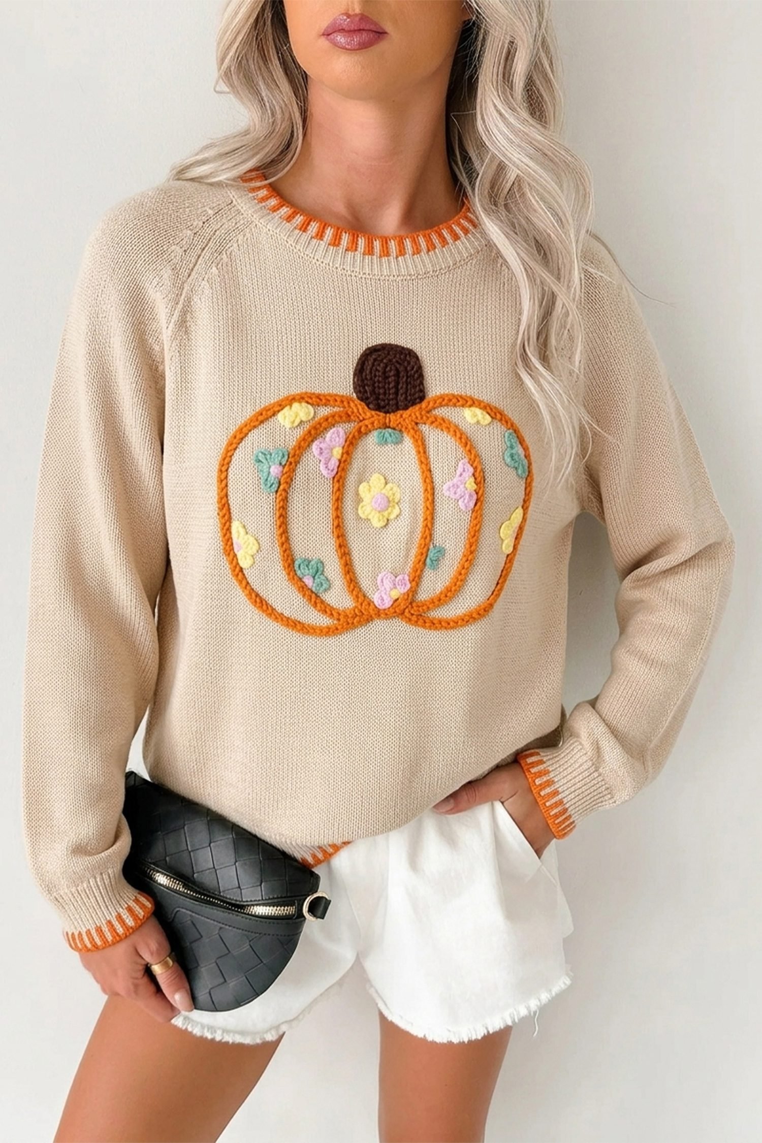 Parchment Floral Embroidery Pumpkin Long Sleeve Round Neck Sweater - Image 3