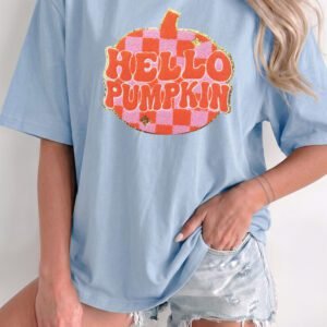 Beau Blue Chenille HELLO PUMPKIN Checkered Graphic High Neck T Shirt