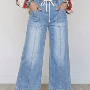 Beau Blue Drawstring Waist Wide Leg Ankle Length Jeans