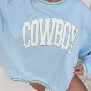 Beau Blue Embroidered Cowboy Letter Print Long Sleeve Round Neck Sweatshirt