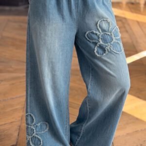 Beau Blue Frayed Floral Patch Wide Leg Raw Hem Wide Leg Jeans