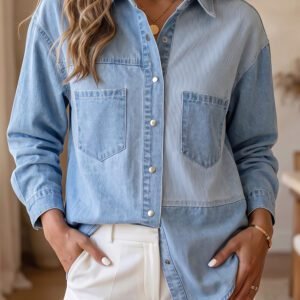 Beau Blue Lightweight Denim Striped Patchwork Button Down Shacket