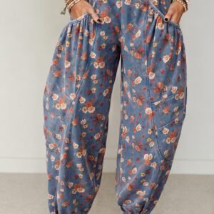 Beau Blue Retro Floral Print Elastic Waist Pocketed Barrel Jeans