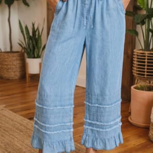 Beau Blue Ruffled Hem Wide Leg Chambray Pants