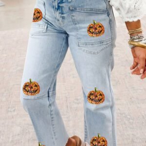 Beau Blue Sequin Pumpkin Face Patchwork Halloween Jeans
