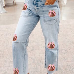 Beau Blue Sequined Pumpkin Patchwork Ankle-Length Casual Jeans