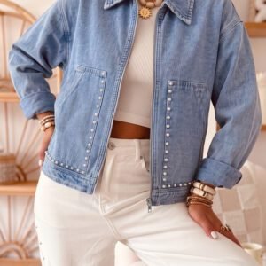 Beau Blue Studded Metal Zipper Rivet Pockets Long Sleeve Denim Jacket