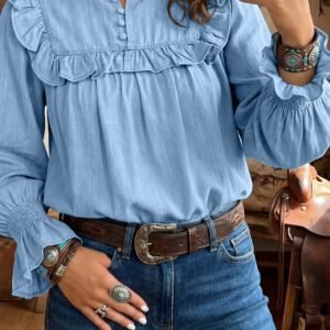 Beau Blue Western Ruffle V Neck Long Sleeve Chambray Blouse