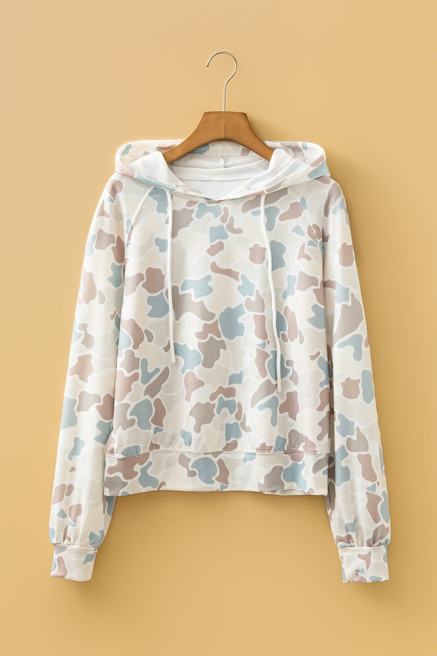 Beige Camouflage Print Relaxed Drawstring Hoodie
