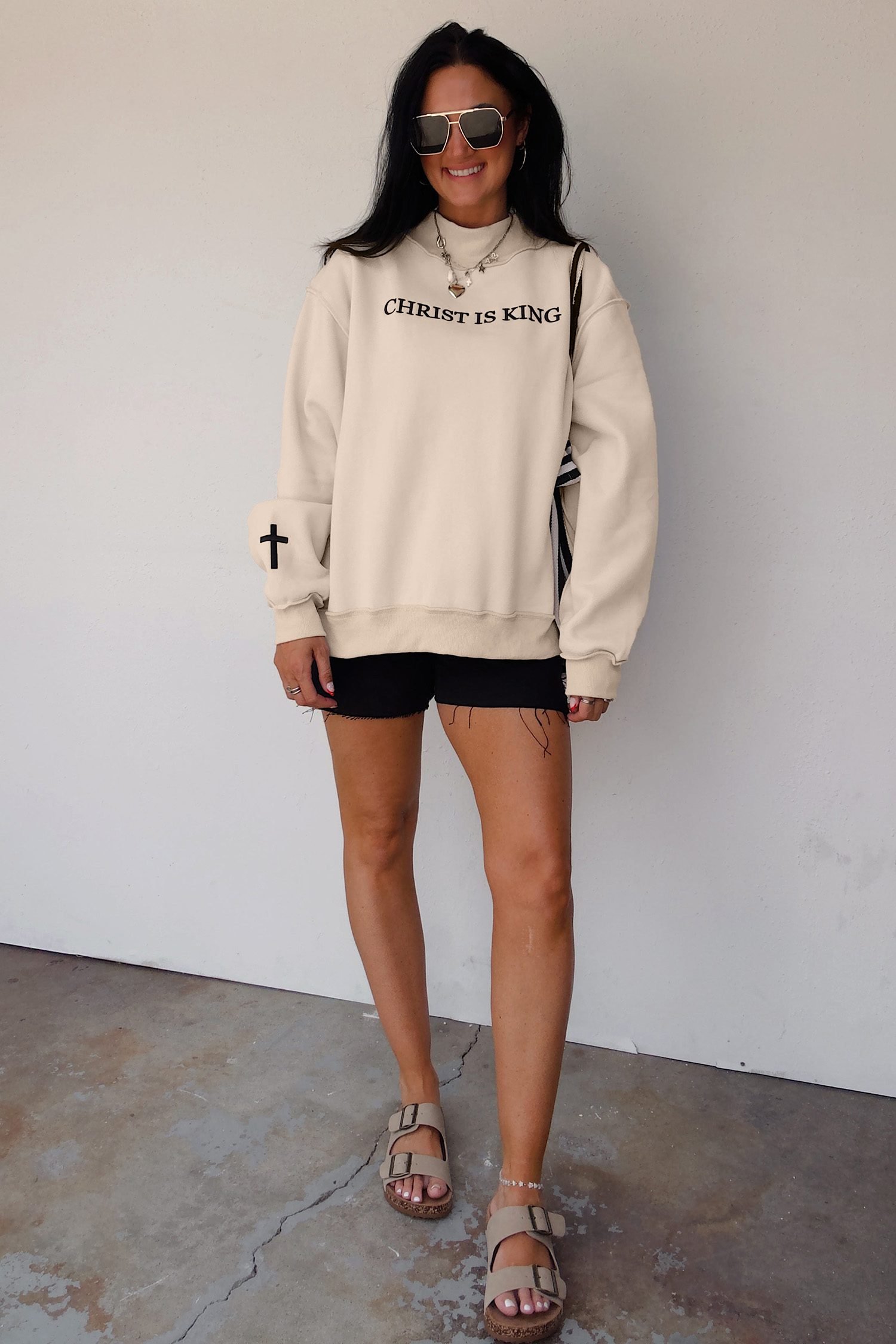 Beige CHRIST IS KING Embroidery High Neck Baggy Sweatshirt
