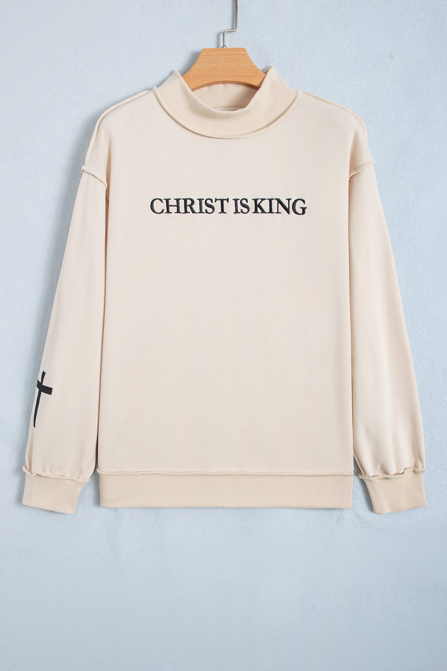 Beige CHRIST IS KING Embroidery High Neck Baggy Sweatshirt