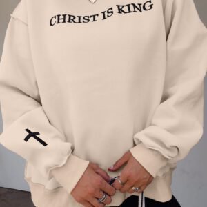 Beige CHRIST IS KING Embroidery High Neck Baggy Sweatshirt