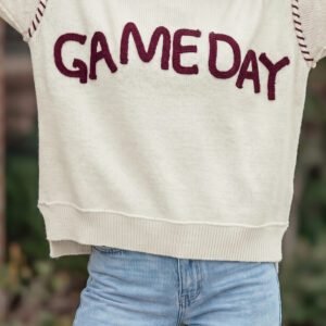 Beige Drop Shoulder Game Day Letter Print Pullover Sweater