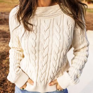 Beige Drop Shoulder Round Neck Cable Knit Sweater