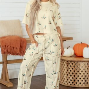 Beige Duck Print Short Sleeve Top Pocket Pants 2pcs Casual Set